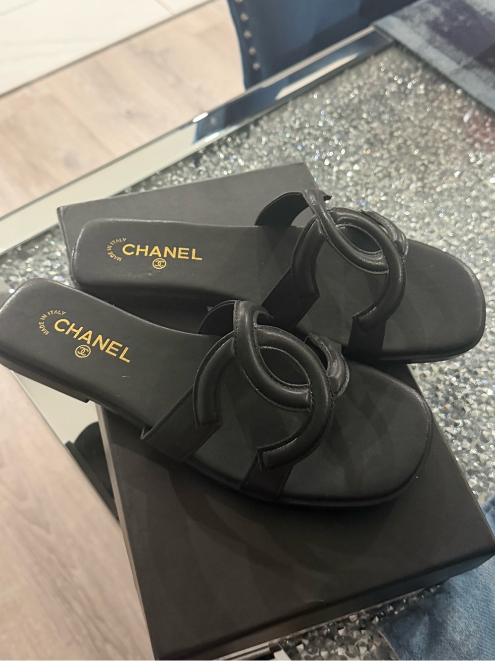 CHANEL Black Leather CC Slide Mules